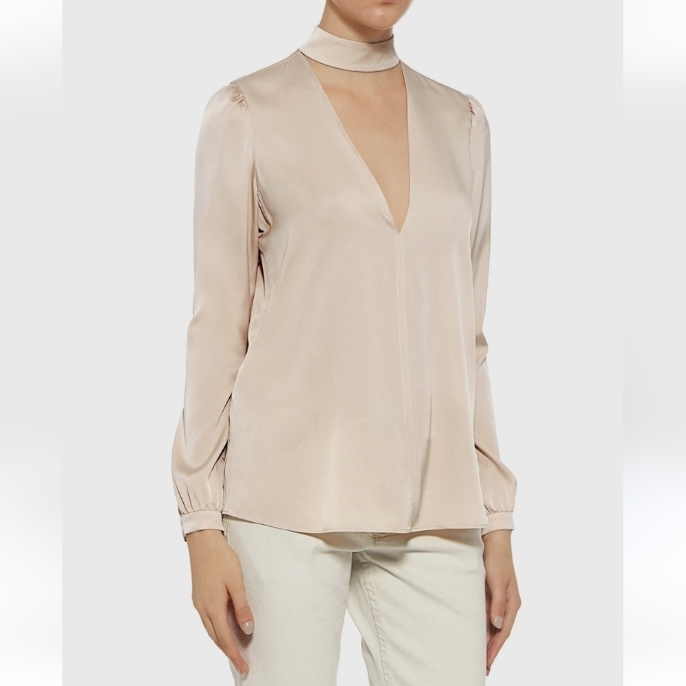ALC Blouse Silk Stretch V-Neck Choker  Beige Long Sleeve Cuff Women's 8